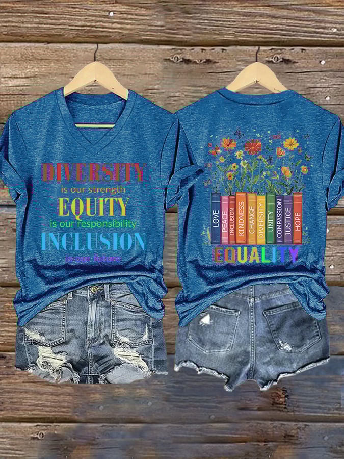 V-neck Retro Diversity Is Our Strength Equity Is Our Responsibility Inclusion Is Our Future Print T-Shirt