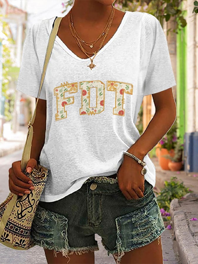 V-neck Retro FDT Flowers 86 47 Print T-Shirt
