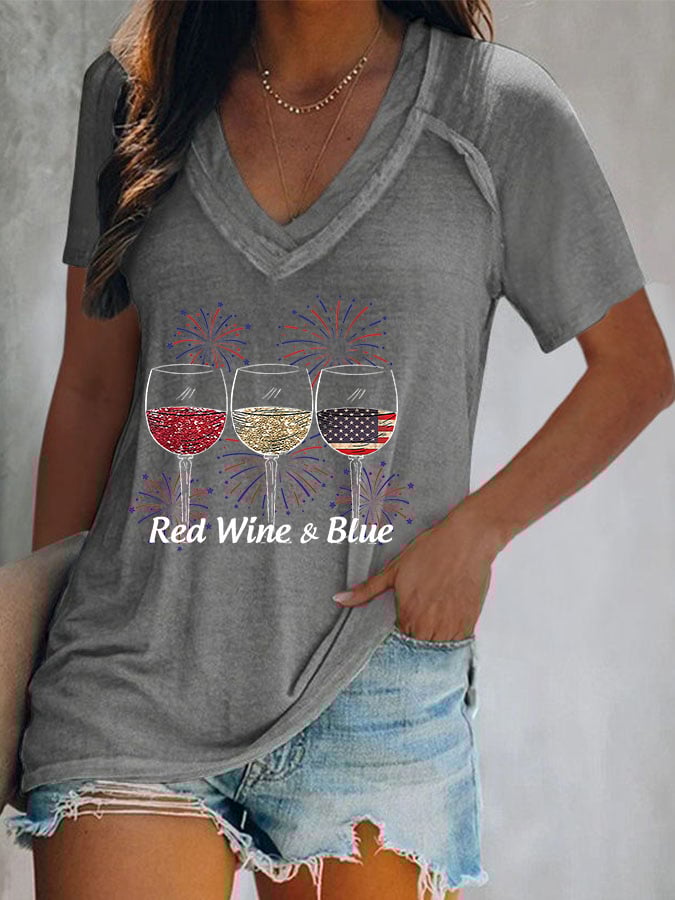 Women's Red Wine and Blue Print T-Shirt