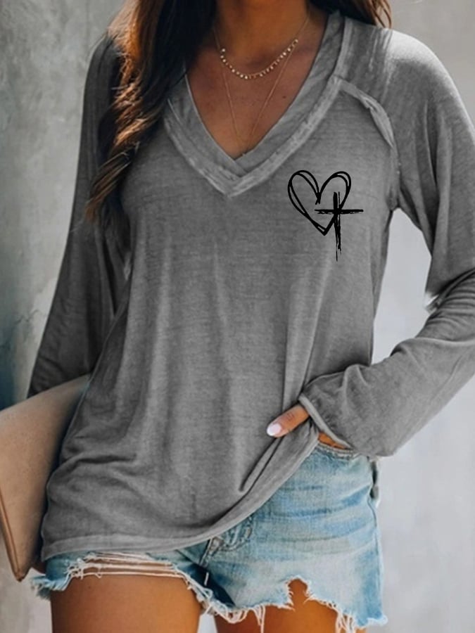 Women's Love Like Jesus Jesus Has My Back Casual V-Neck Long-Sleeve T-Shirt