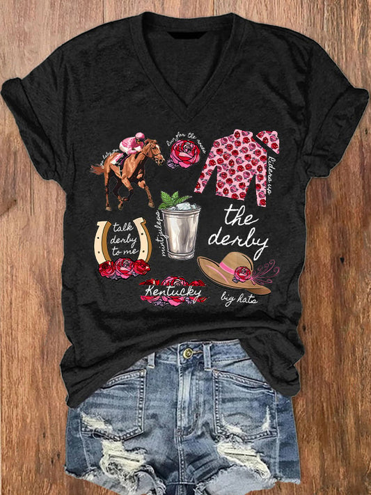 Women's Derby Horses Print V-Neck T-Shirt