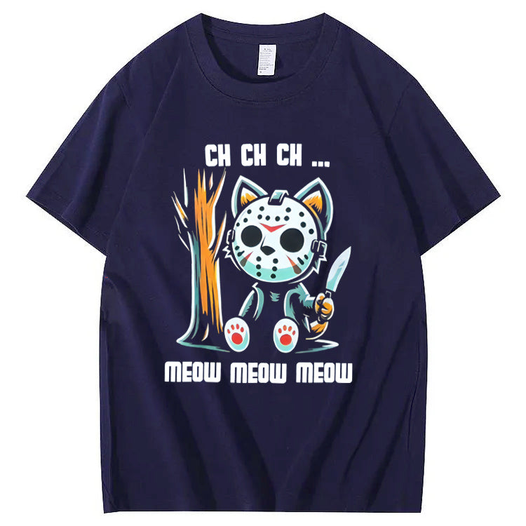 Halloween Funny Cat Lovers Ch Ch Ch Pattern 100% Cotton T-Shirt