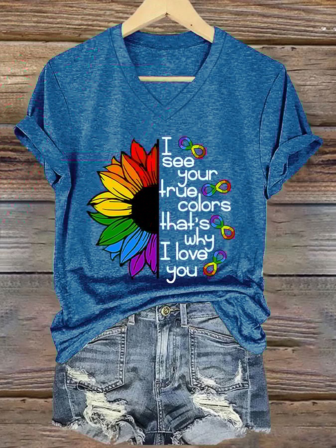 V-neck Retro Autism Awareness Infinity Symbol I See Your True Colors That's Why I Love You Print T-Shirt