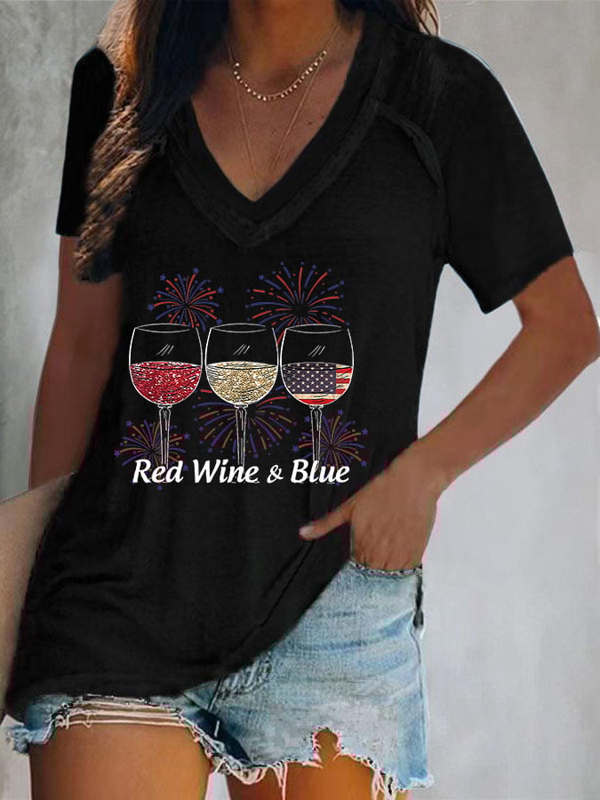 Women's Red Wine and Blue Print T-Shirt