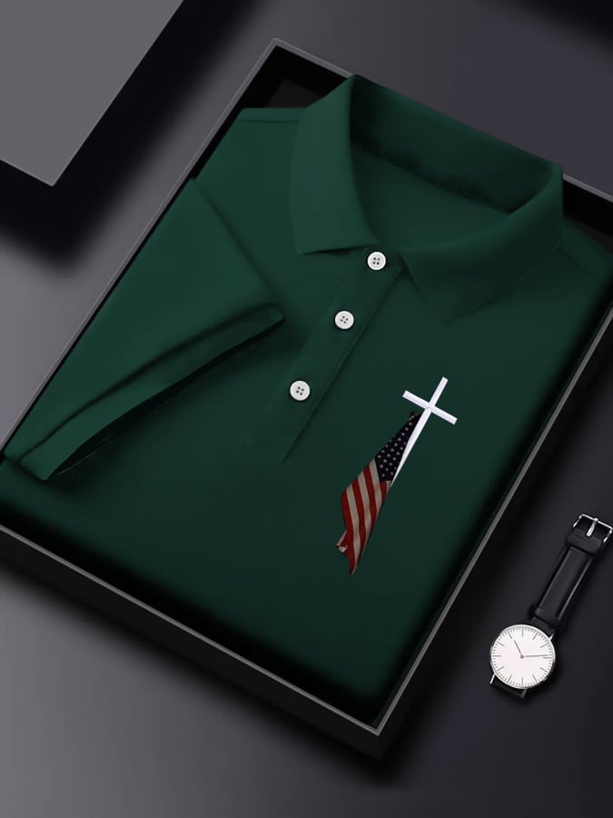 Men'S Flag Cross Print Polo Shirt