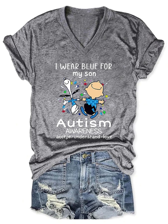 V-neck Autism Awareness I Wear Blue For My Son Print T-Shirt