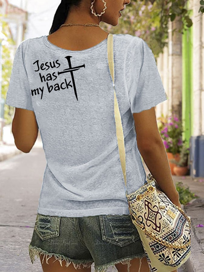 Womens Jesus has my back V-neck T-shirt