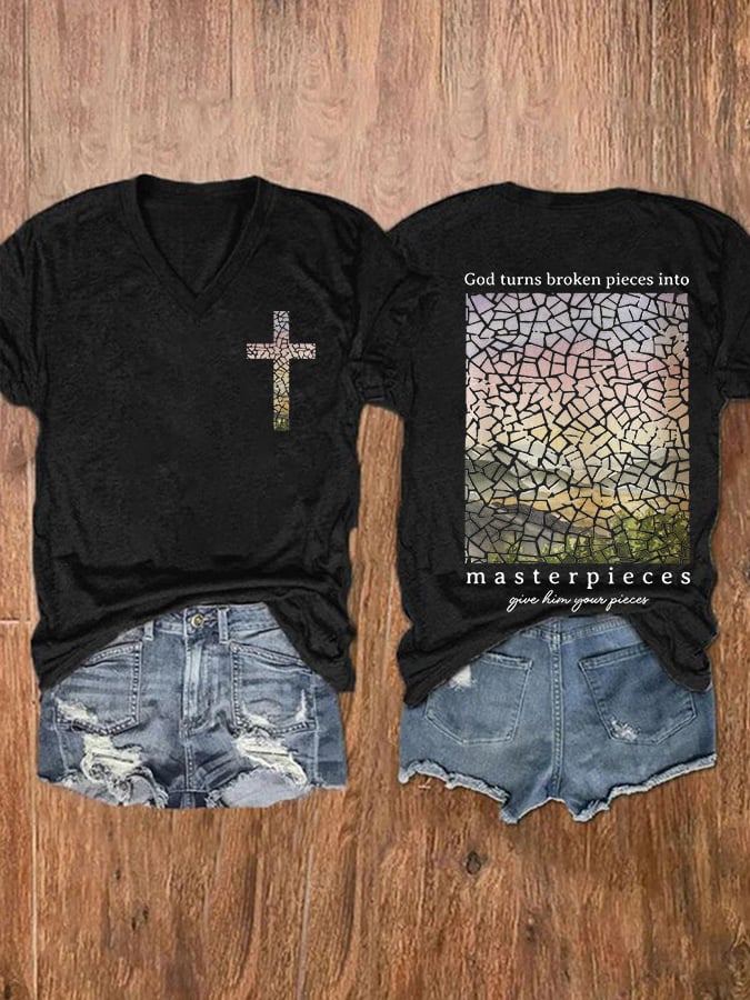 Women'S God Turns Broken Pieces Into Masterpieces Printed Casual T-Shirt