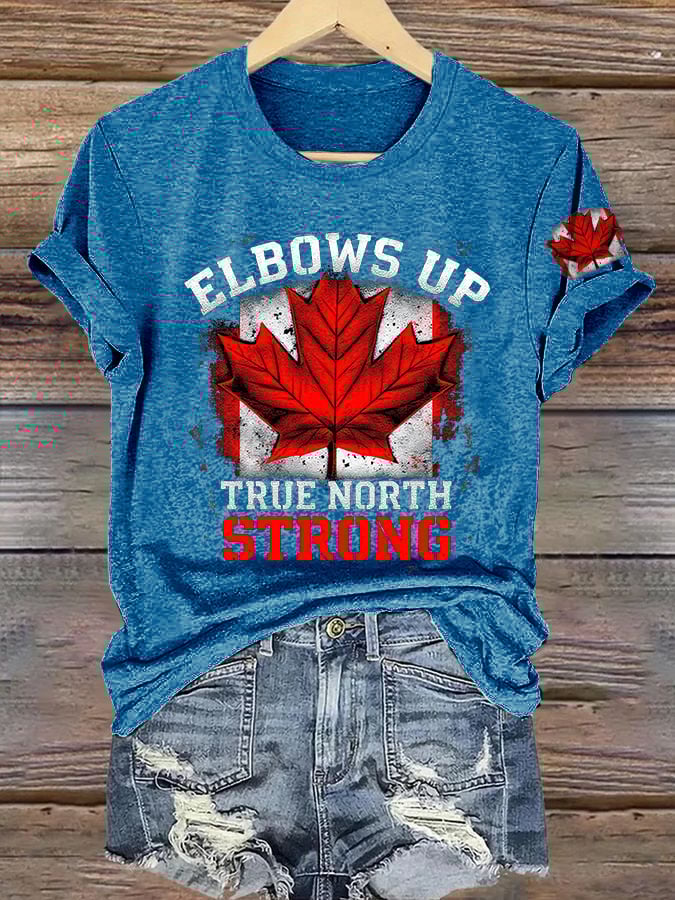 Women's Retro Elbows Up True North Strong Print T-Shirt