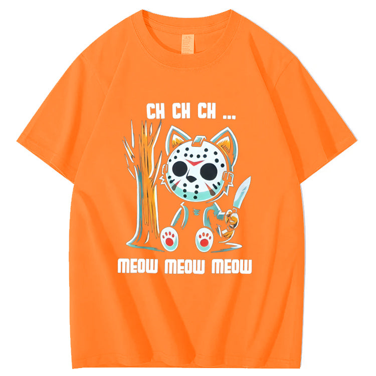 Halloween Funny Cat Lovers Ch Ch Ch Pattern 100% Cotton T-Shirt
