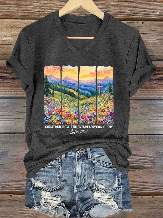 Women'S Casual Consider The Wildflowers Christian Print Short Sleeve T-Shirt