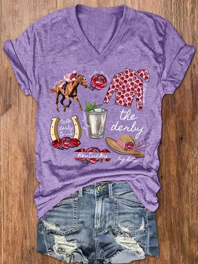Women's Derby Horses Print V-Neck T-Shirt
