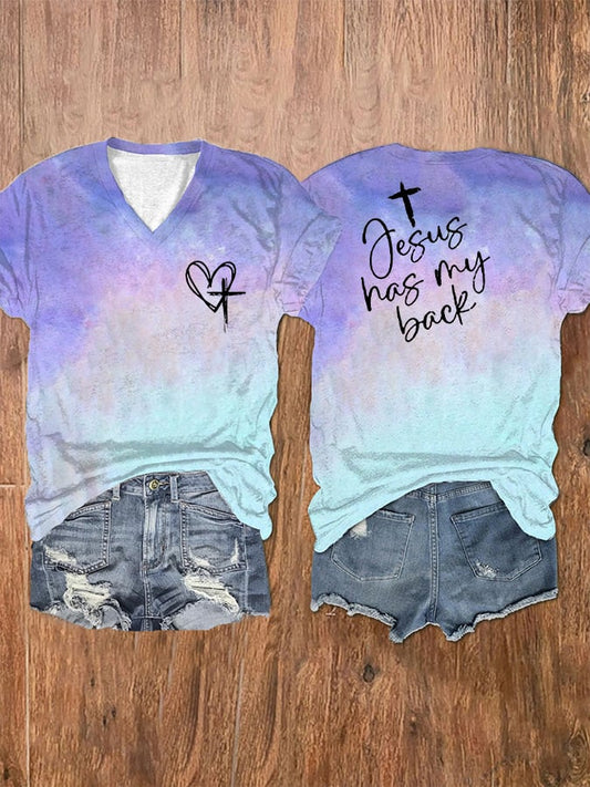 Women's Faith Love Like Jesus Jesus Has My Back Print V-Neck T-Shirt