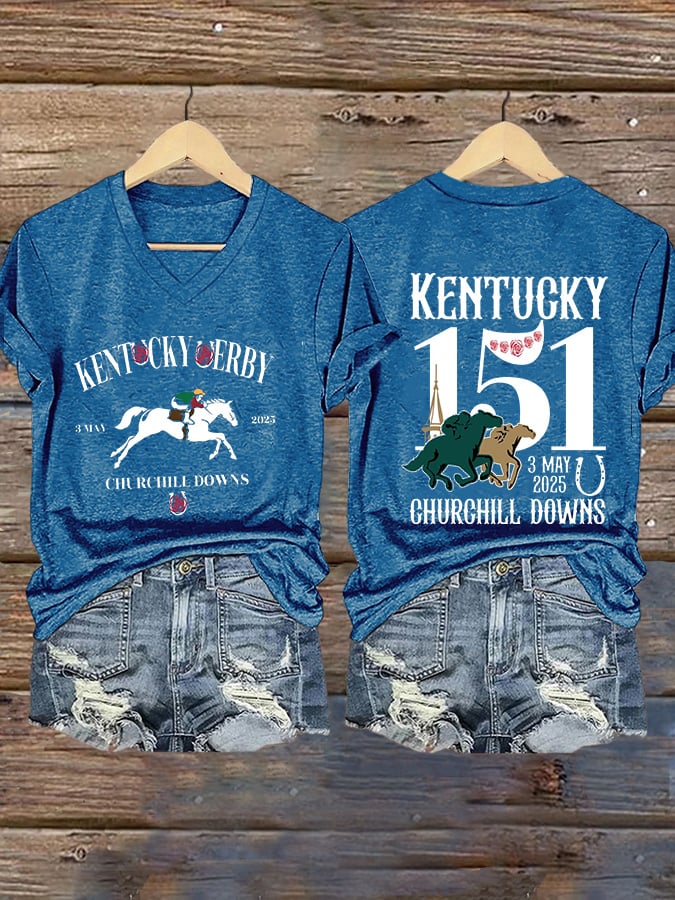 Women's Kentucky Derby  Printed V-Neck T-Shirt
