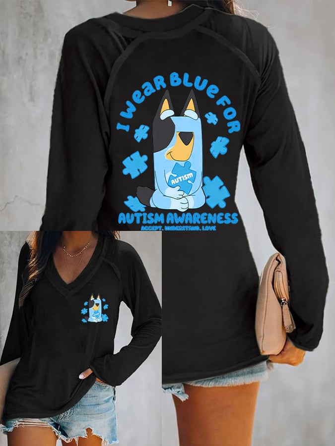 V-neck Retro Autism Awareness I Wear Blue For Autism Print T-Shirt