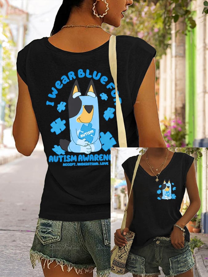Women's Retro Autism Awareness I Wear Blue For Autism Print Sleeveless Tank Top