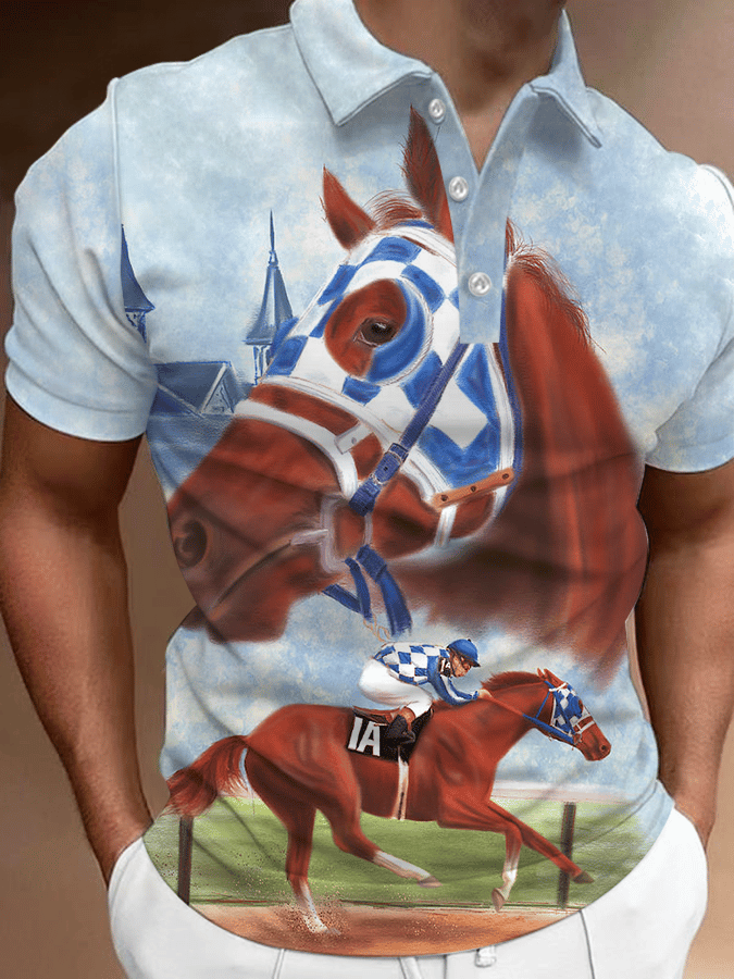 Men's Kentucky Derby Horse Racing Printed Casual Polo Shirt