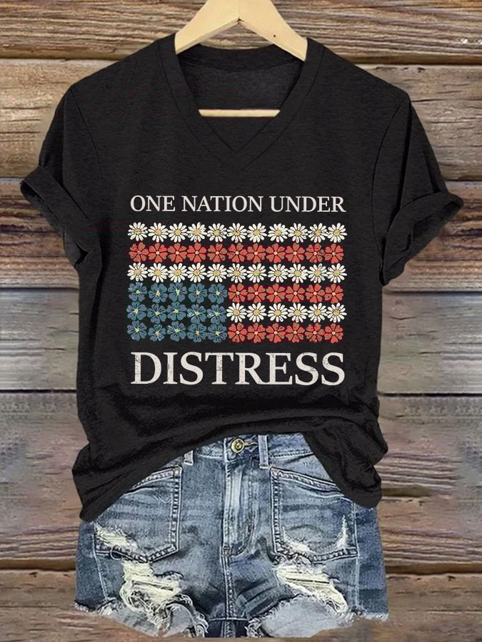 🔥Last Day 49% Off🔥V-neck Retro One Nation Under Distress Print T-Shirt
