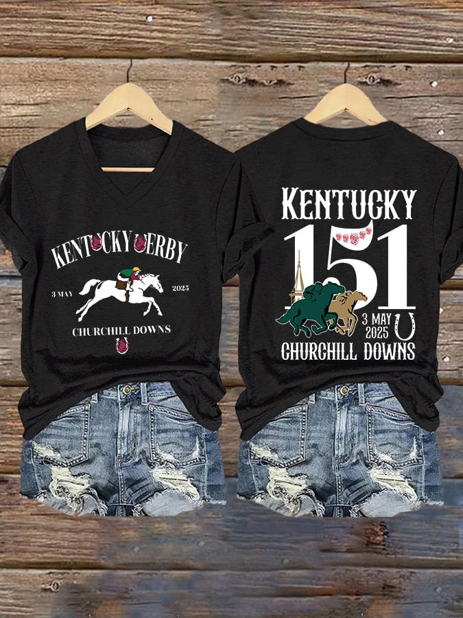 Women's Kentucky Derby  Printed V-Neck T-Shirt