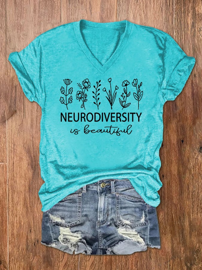 Women's Neurodiversity Autism Awareness Print V-Neck T-Shirt