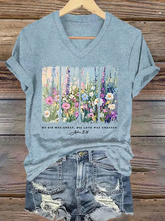 Women'S Casual My Sin Was Great His Love Was Greater Bible Verse painting Print Short Sleeve T-Shirt