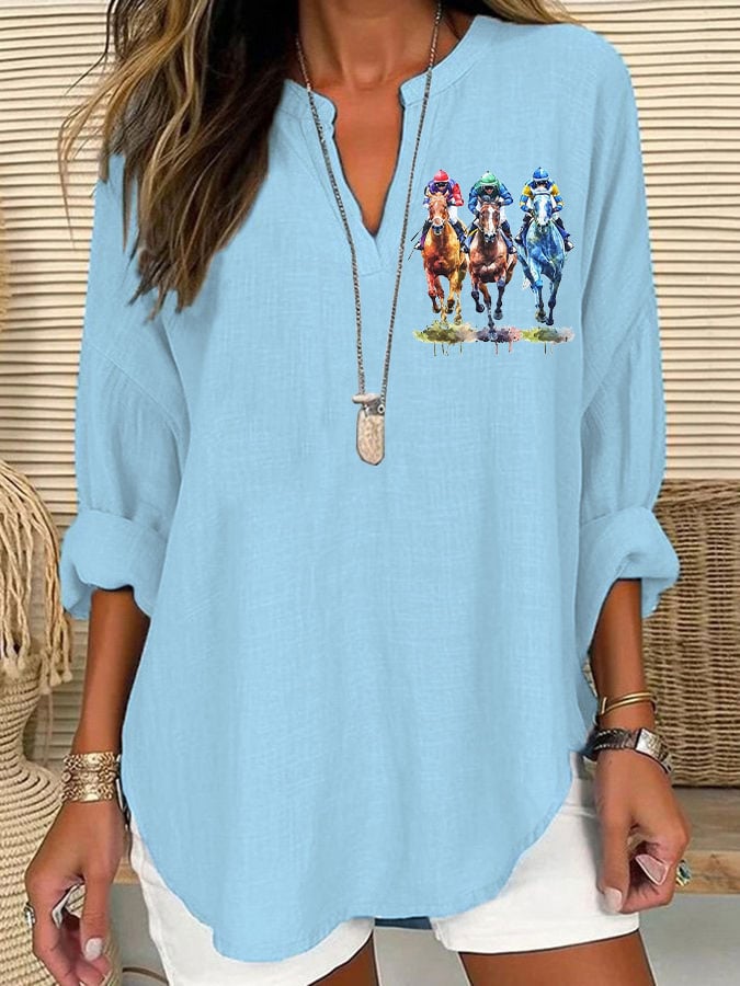 Women's Horse Racing Print Casual Long Sleeve V-Neck Shirt