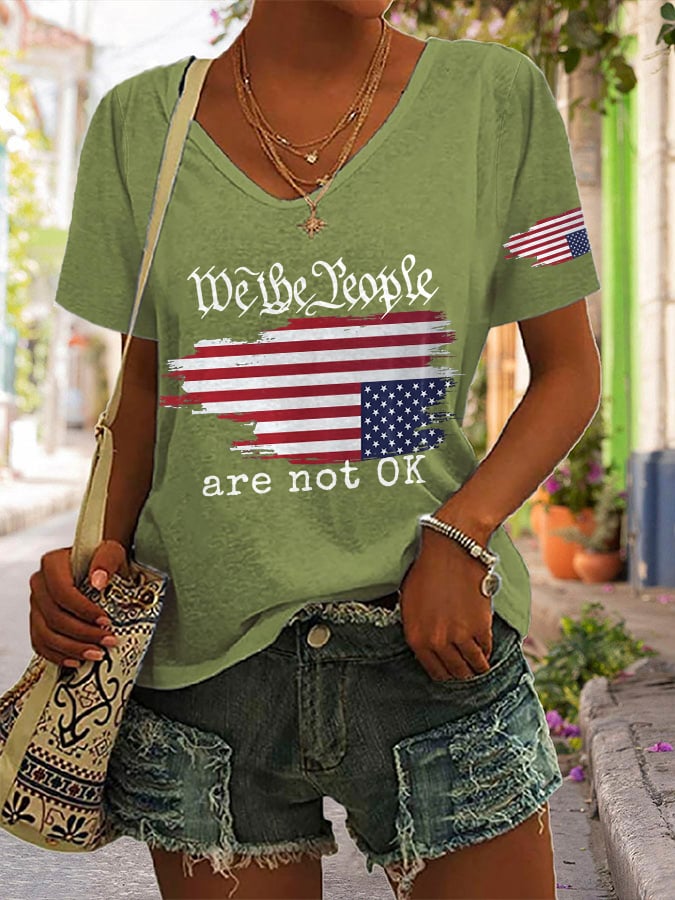 V-neck Retro We The People Are Not Ok Print T-Shirt