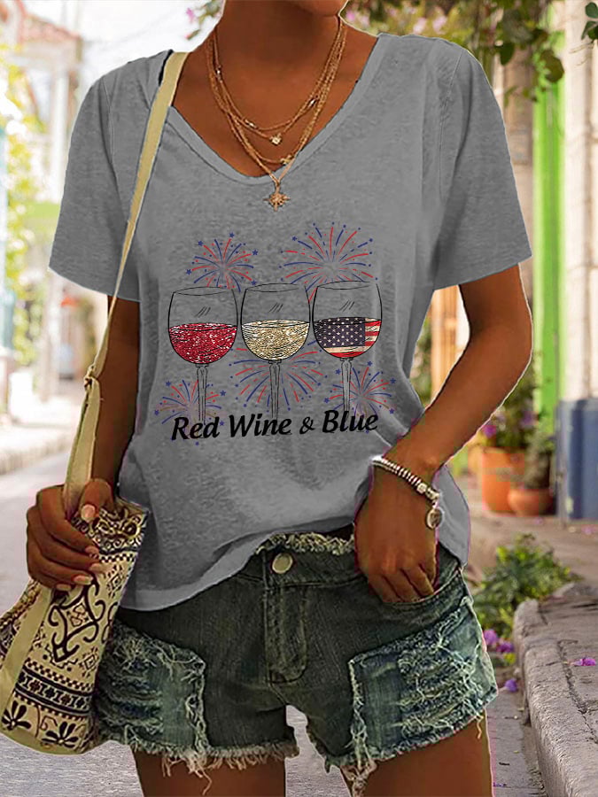 🔥Last Day 49% Off🔥Women's Red Wine and Blue Print T-shirt