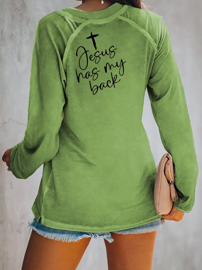 Women's Love Like Jesus Jesus Has My Back Casual V-Neck Long-Sleeve T-Shirt