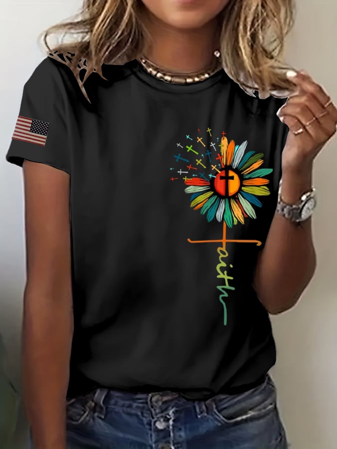 Women's Faith Sunflower Flag Print T-Shirt