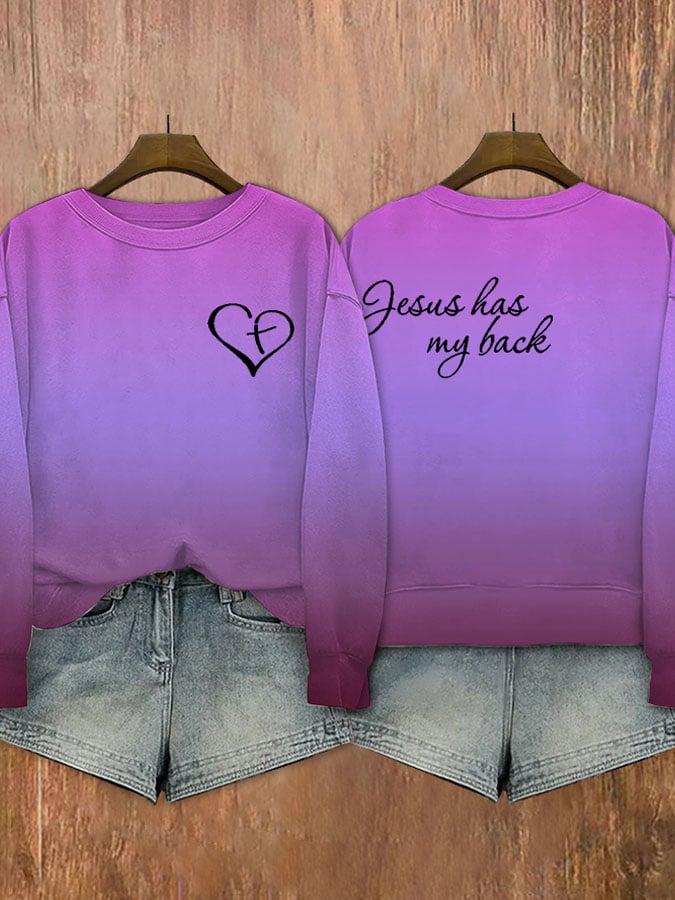 Women's Jesus Has My Back Printed Round Neck Sweatshirt