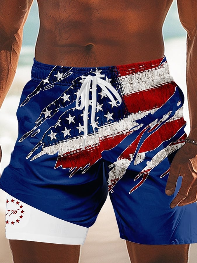 Men's Independence Day Printed Double Layer Design Shorts (With Pockets)