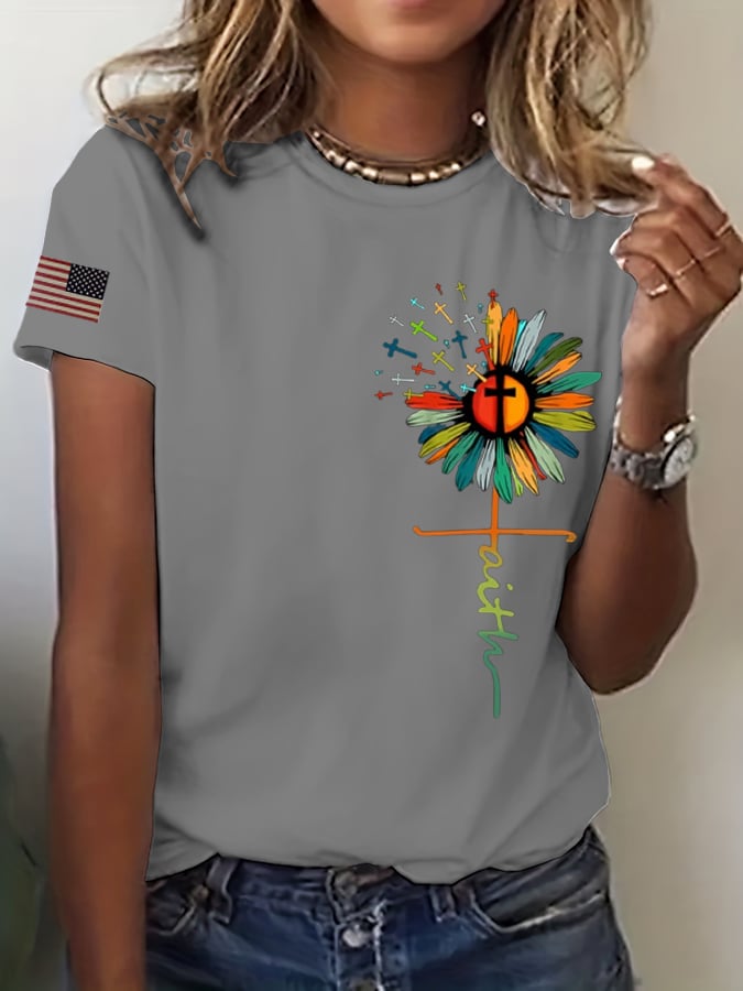Women's Faith Sunflower Flag Print T-Shirt