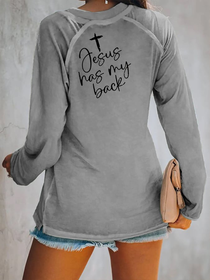 Women's Love Like Jesus Jesus Has My Back Casual V-Neck Long-Sleeve T-Shirt