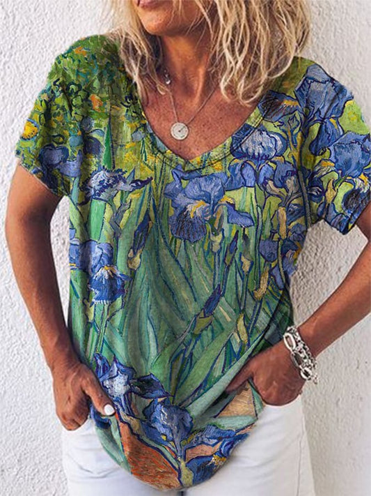 Women's Oil Painting Iris Print V-Neck Tee