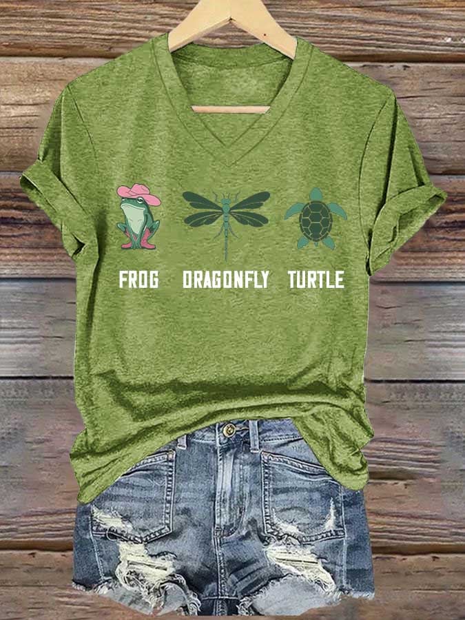 Women's Frog Dragonfly Turtle Printed V Neck T-shirt
