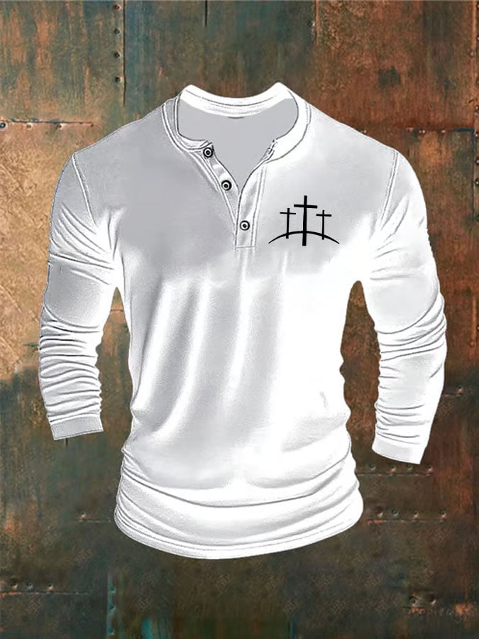 Men's Faith Cross Print Henley Neck Top