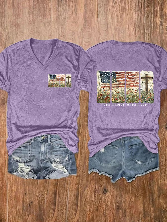 Women'S Casual One Nation Under God Faith Graphic Print Short Sleeve T-Shirt