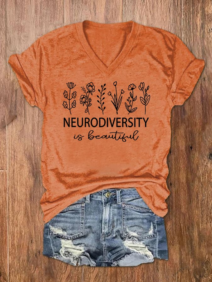 Women's Neurodiversity Autism Awareness Print V-Neck T-Shirt