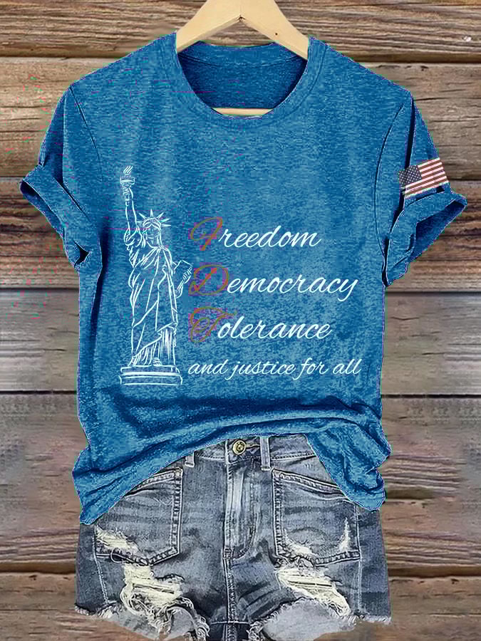 Women's Freedom Democracy Tolerance And Justice For All Printed Round Neck T-shirt