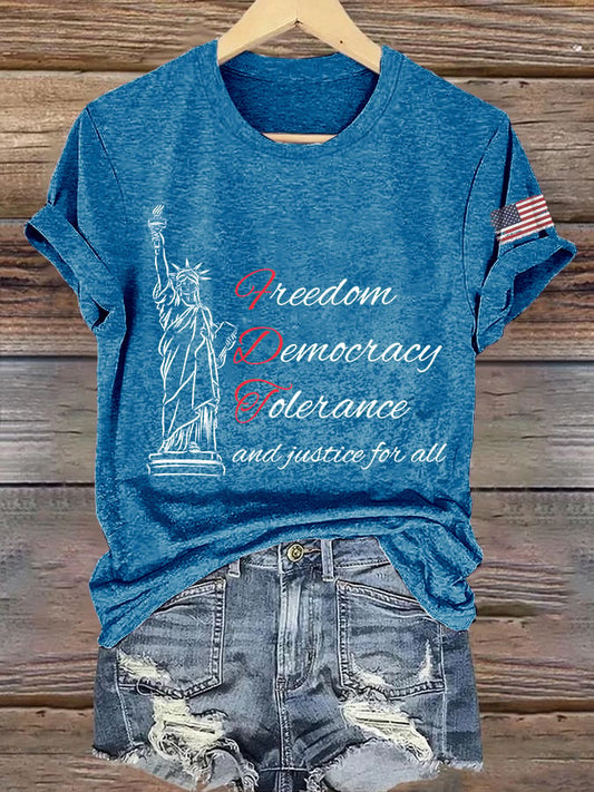 Women's Freedom Democracy Tolerance And Justice For All Printed Round Neck T-shirt