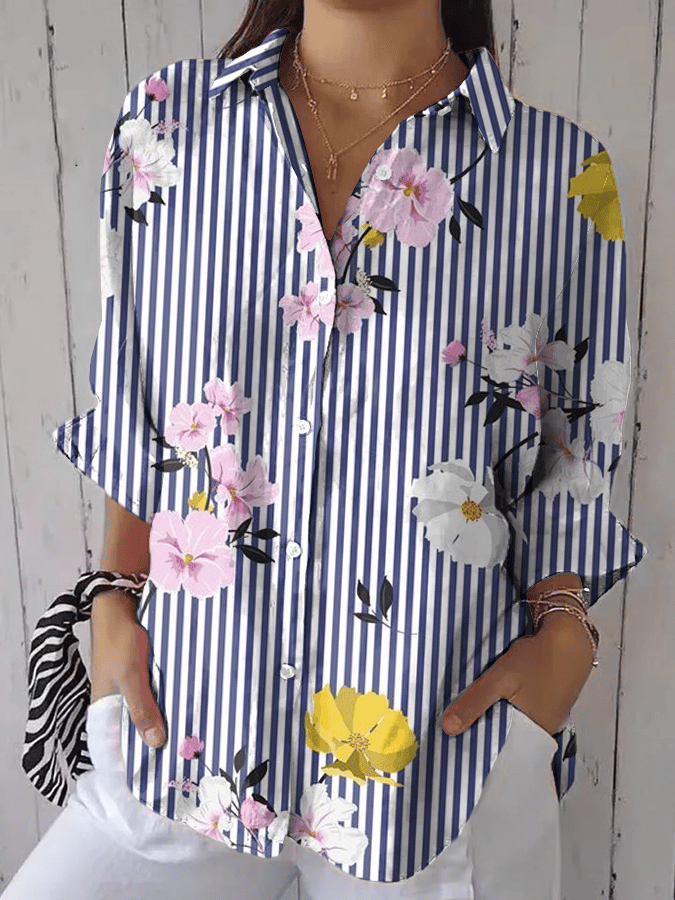 Women's Vintage Striped Floral Print Casual Lapel Shirt