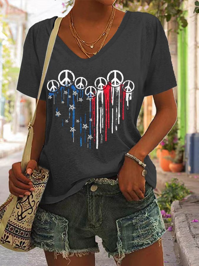 Women's American Flag Independence Day Print V-Neck T-Shirt