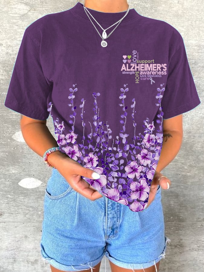 Women's Alzheimer's Awareness Floral Print T-Shirt