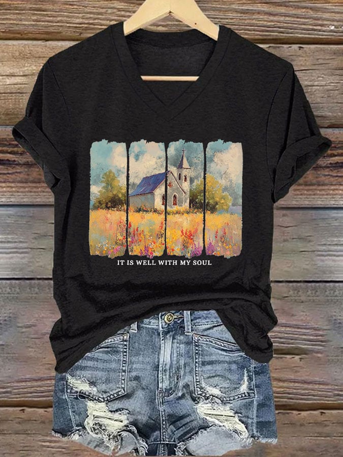 Women'S Casual It Is Well With My Soul Wildflower Christian Bible Verse Print Short Sleeve T-Shirt