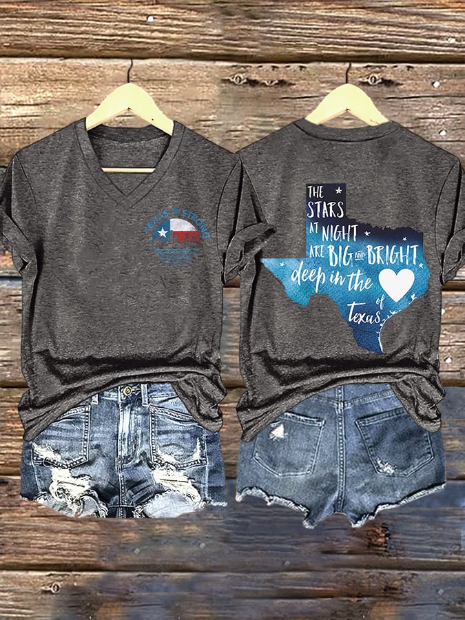 V-Neck Retro Texas Strong The Stars At Night Are Big And Bright Deep In The Heart Of Texas Print T-Shirt