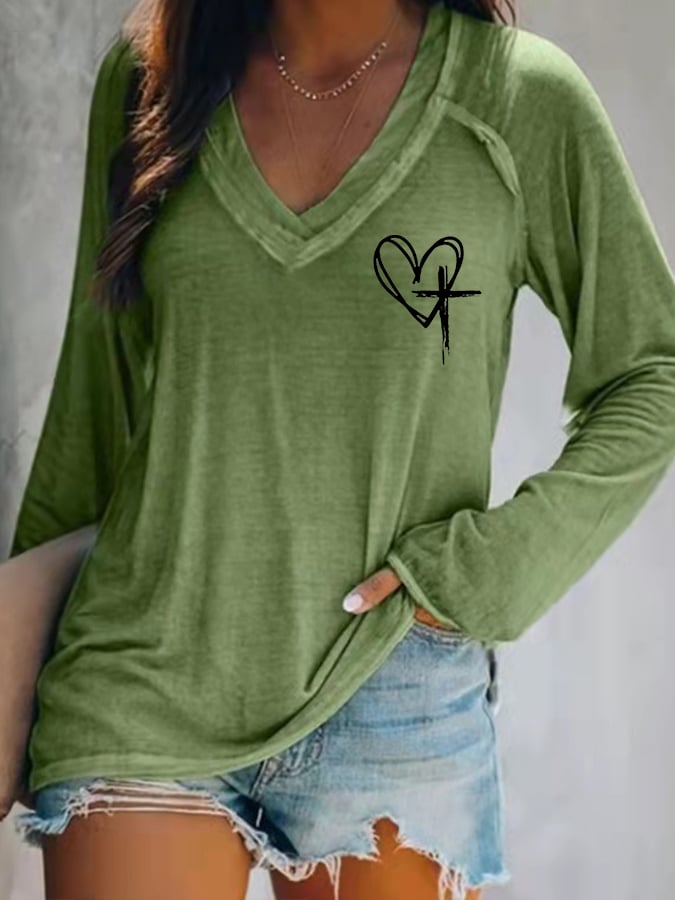 Women's Love Like Jesus Jesus Has My Back Casual V-Neck Long-Sleeve T-Shirt