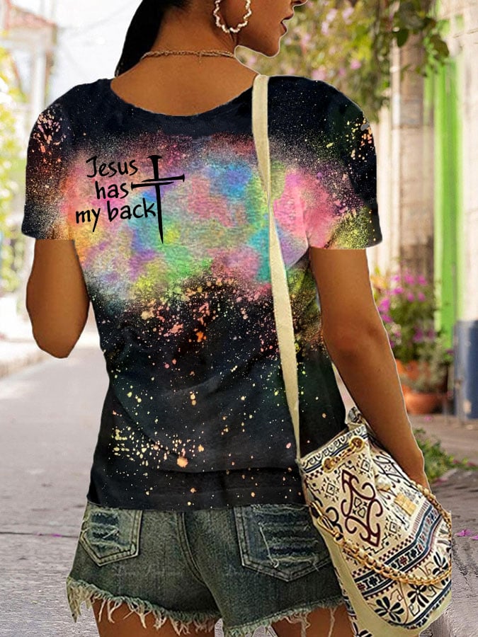 Women's Jesus Has My Back Tie-dye V-Neck T-Shirt