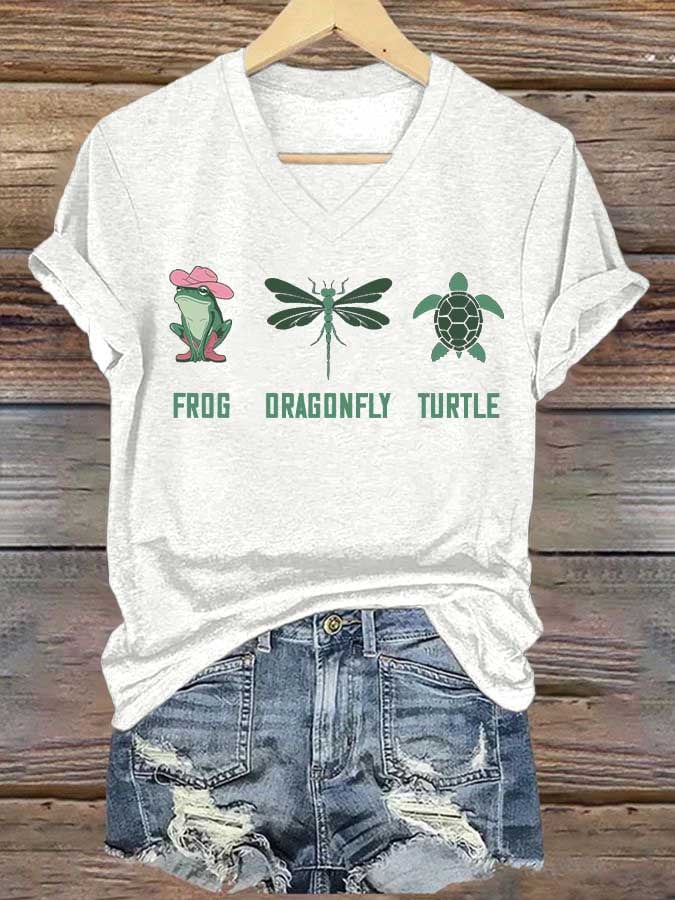 Women's Frog Dragonfly Turtle Printed V Neck T-shirt
