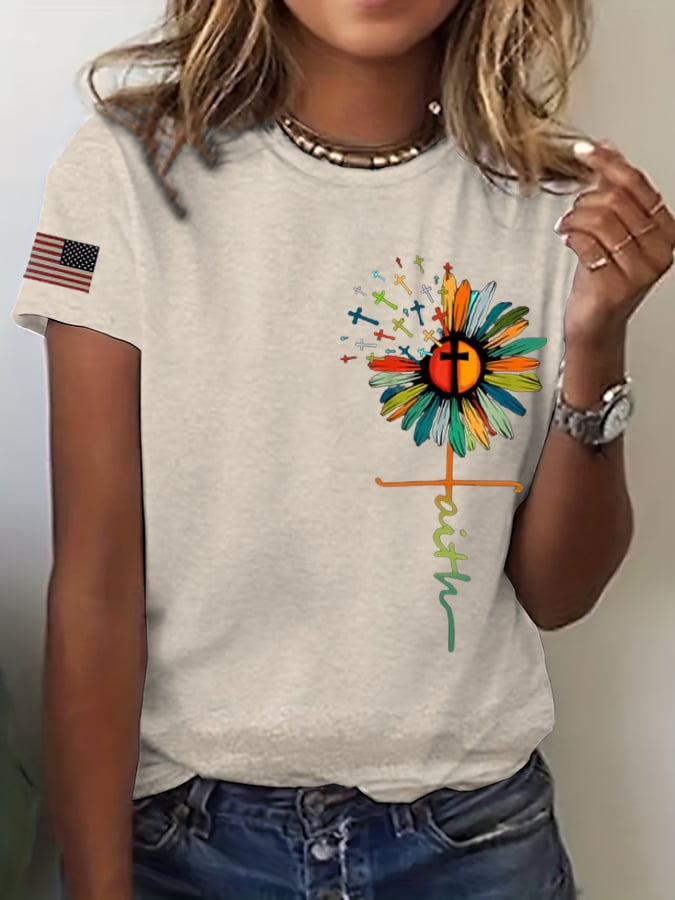 Women's Faith Sunflower Flag Print T-Shirt